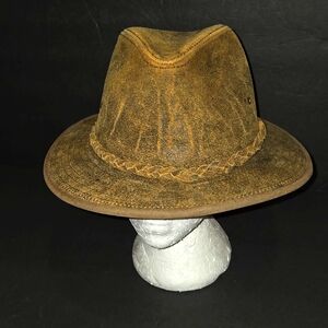 RARE HENSCHEL HAT CO H1H BROWN RUSTIC LEATHER BRAIDED BAND HAT SZ LARGE USA